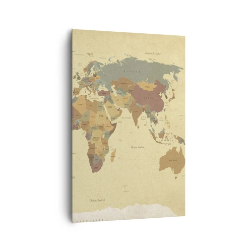 Impression sur toile - Image sur toile - Une carte du monde stylisée dans des tons de beige et de couleurs pastel. - 80x120cm - Pour vous - le monde entier - Décoration murale moderne pour le salon et la chambre ARTTOR
