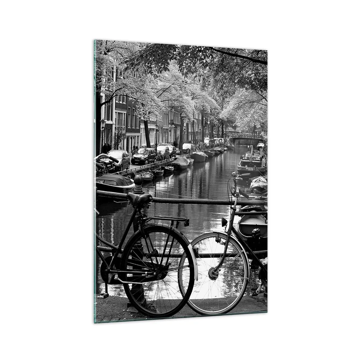 Impression sur verre - Image sur verre - Canal avec des vélos en photographie noir et blanc - 70x100cm - Une vue très hollandaise - Décoration murale moderne pour le salon et la chambre ARTTOR