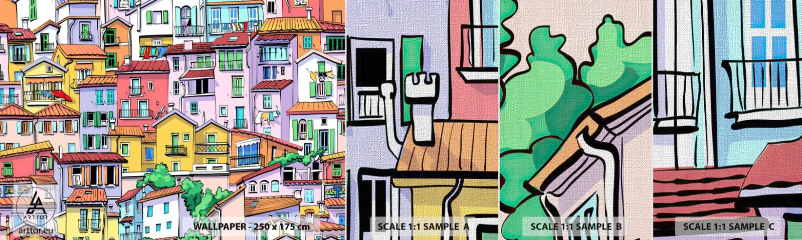 Échantillon de Papier Peint Premium Canvas - Ville joyeuse - Ville, Immeubles d'habitation, Maisons - 100x30 cm