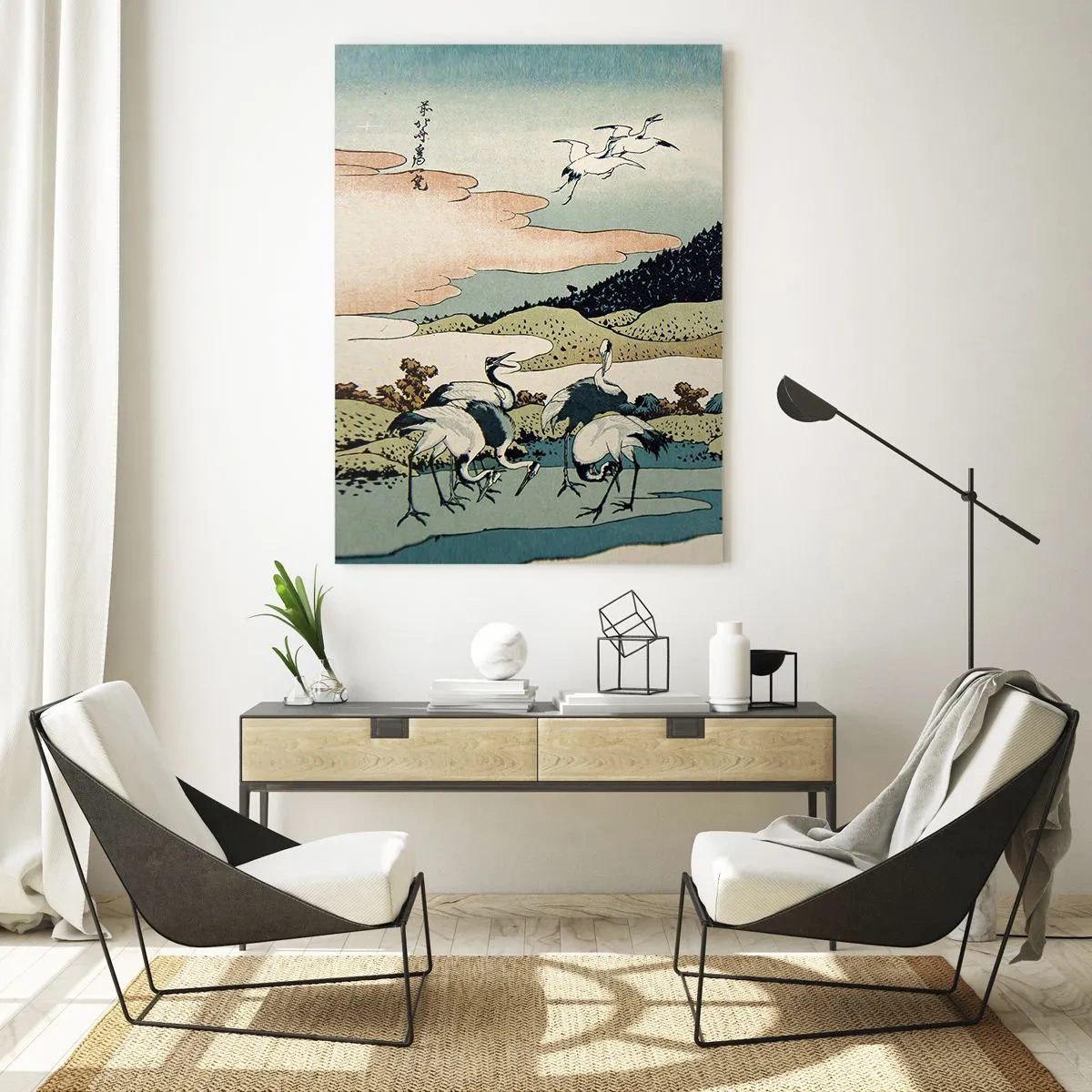 Impression sur verre - Image sur verre - Une peinture d'oiseaux dans un paysage japonais surplombant le mont Fuji. - 50x70cm - Avec une âme japonnaise - Décoration murale moderne pour le salon et la chambre ARTTOR