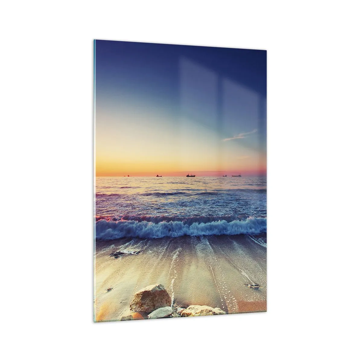 Impression sur verre - Image sur verre - Coucher de soleil sur une mer calme avec des vagues - 70x100cm - Mais quel horizon ? - Décoration murale moderne pour le salon et la chambre ARTTOR