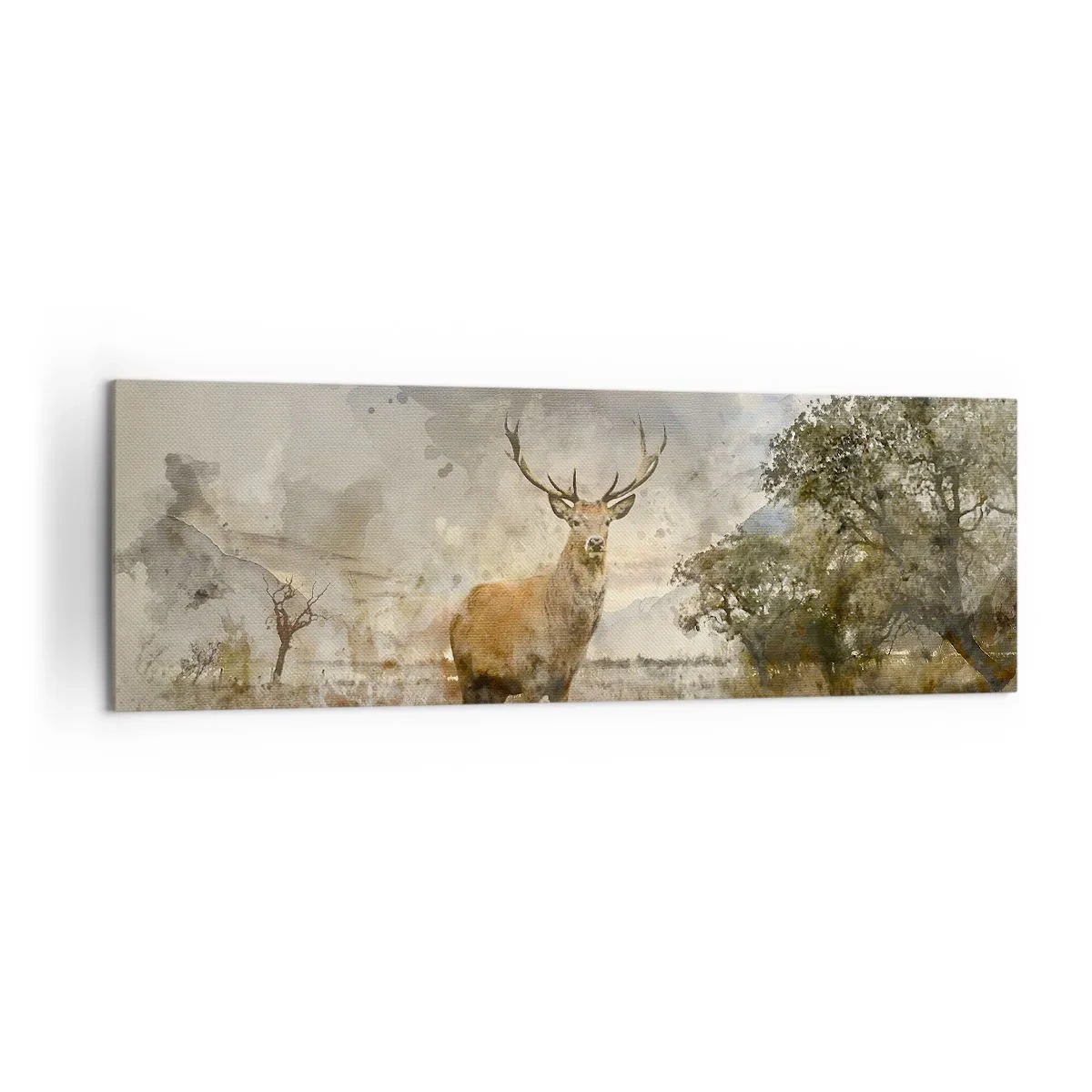Impression sur toile - Image sur toile - Un cerf dans un cadre naturel dans un style aquarelle - 160x50cm - Dignité - force - majesté - Décoration murale moderne pour le salon et la chambre ARTTOR