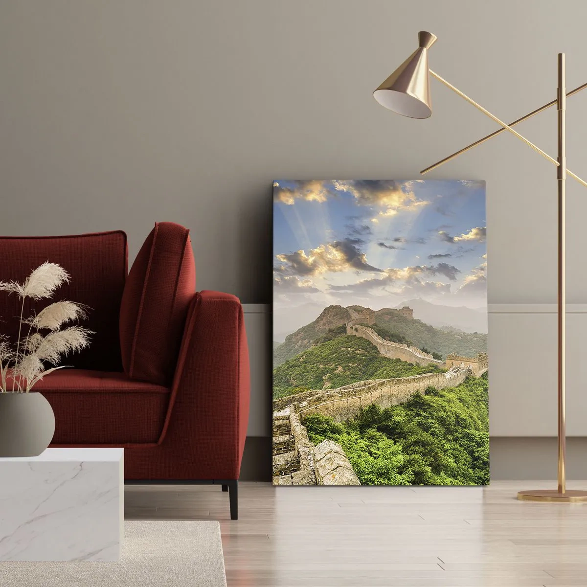 Impression sur toile - Image sur toile - La Grande Muraille de Chine illuminée par la lumière du soleil dans un paysage pittoresque - 70x100cm - Grandeur éternelle - Décoration murale moderne pour le salon et la chambre ARTTOR