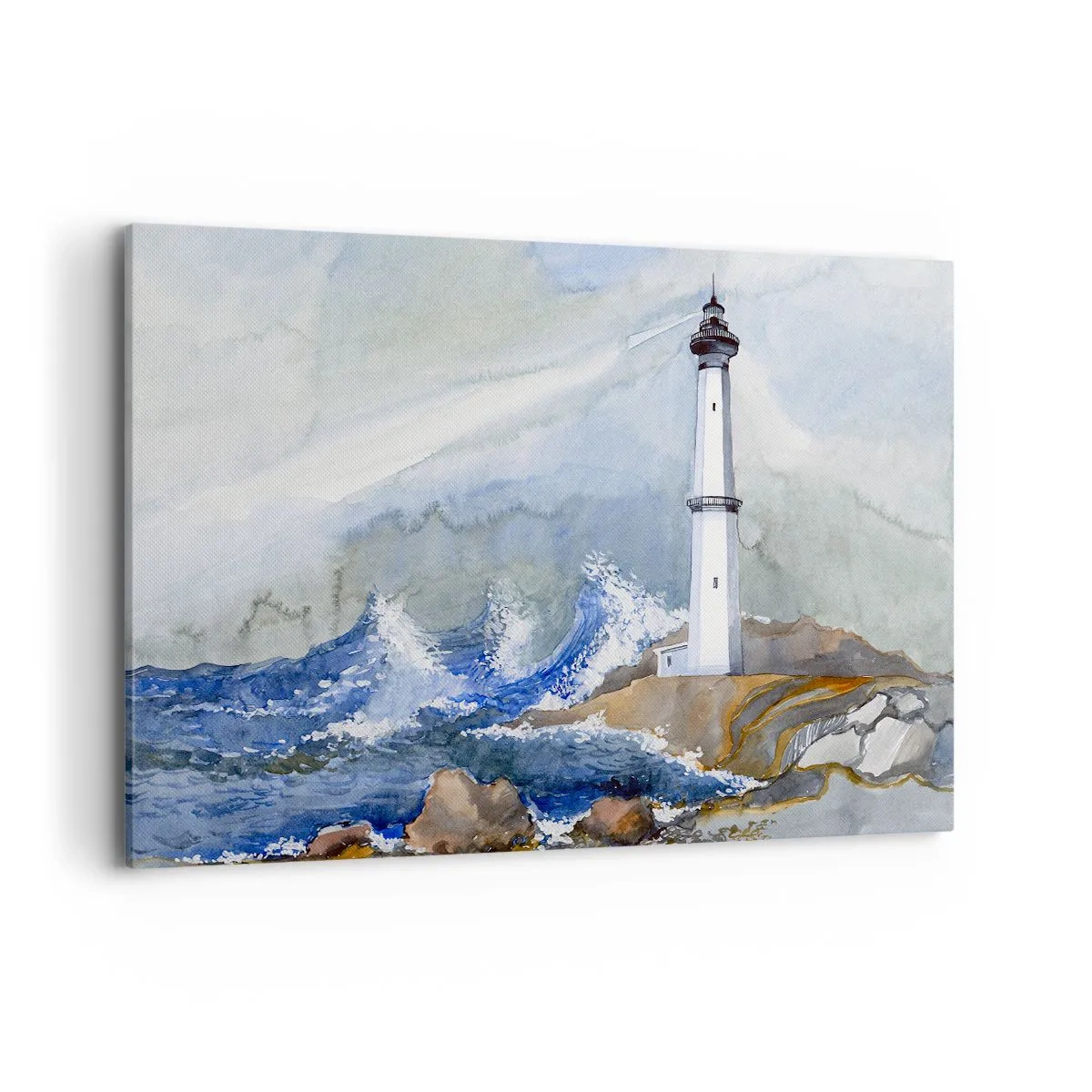 Impression sur toile - Image sur toile - Un phare sur un rivage rocheux avec une mer agitée - 120x80cm - Contre l'obscurité et la tempête - Décoration murale moderne pour le salon et la chambre ARTTOR
