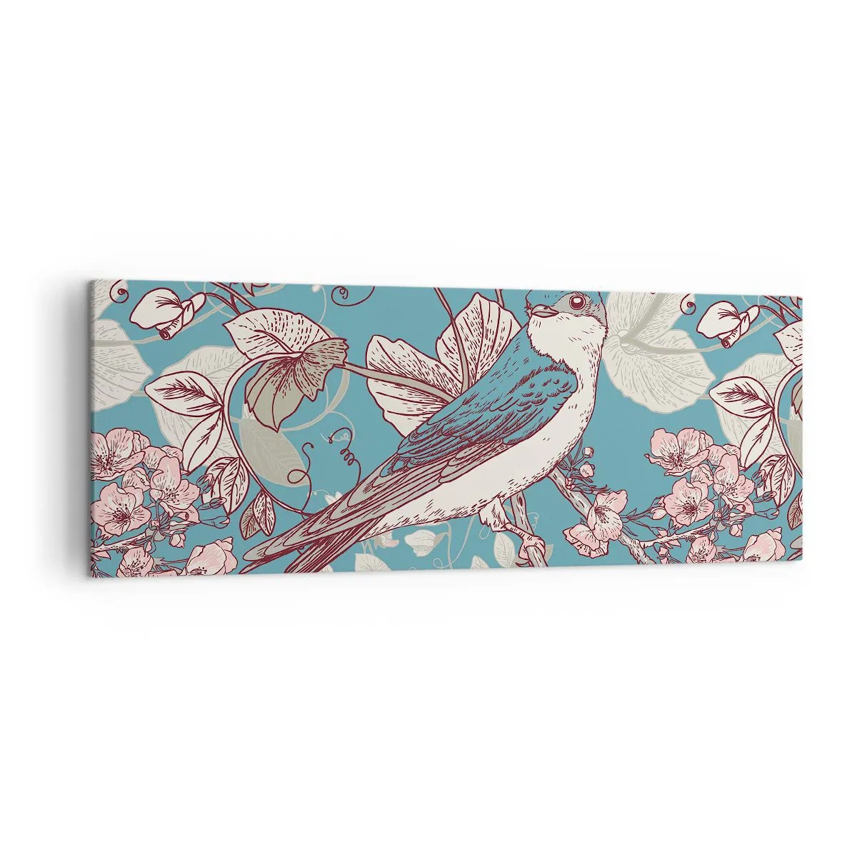 Impression sur toile - Image sur toile - Un oiseau sur une branche dans un style floral délicat - 140x50cm - Dans le bois blanc du rouge et de l'argent - Décoration murale moderne pour le salon et la chambre ARTTOR