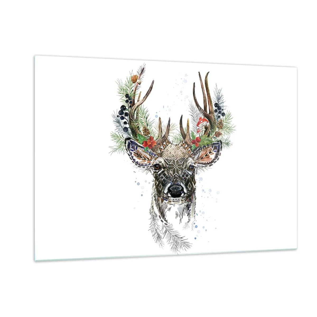 Impression sur verre - Image sur verre - Portrait d'un cerf avec des décorations de Noël, des branches et des baies - 120x80cm - En robe de fête - Décoration murale moderne pour le salon et la chambre ARTTOR