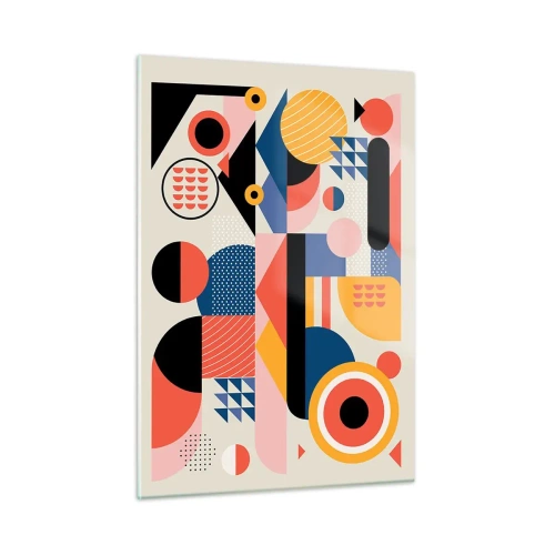 Impression sur verre - Image sur verre - Abstraction géométrique colorée avec des cercles et des triangles - 50x70cm - Composition : jouer - Décoration murale moderne pour le salon et la chambre ARTTOR
