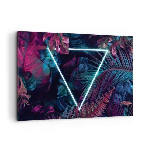 Impression sur toile - Image sur toile - Un triangle néon entouré de feuilles tropicales aux couleurs sombres. - 120x80cm - Jardin de style disco - Décoration murale moderne pour le salon et la chambre ARTTOR