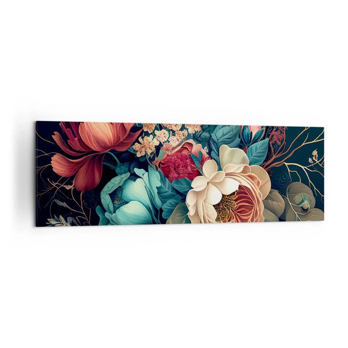 Impression sur toile - Image sur toile - Une composition colorée de fleurs sur un fond sombre - 160x50cm - le charme du 19ème siècle - Décoration murale moderne pour le salon et la chambre ARTTOR