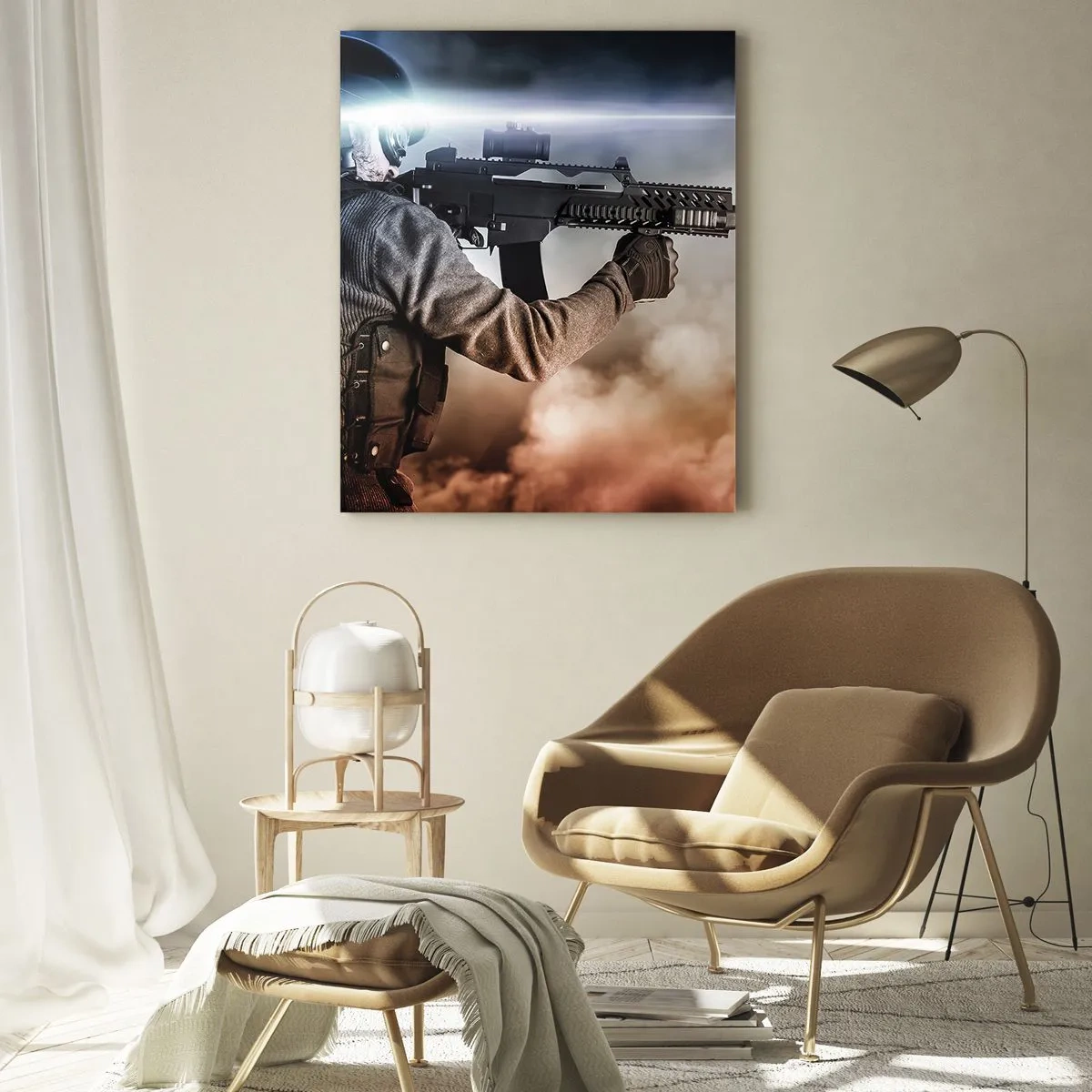 Impression sur verre - Image sur verre - Un soldat en action avec un fusil sur fond de nuages et de lumière. - 80x120cm - Tout simplement un héros - Décoration murale moderne pour le salon et la chambre ARTTOR