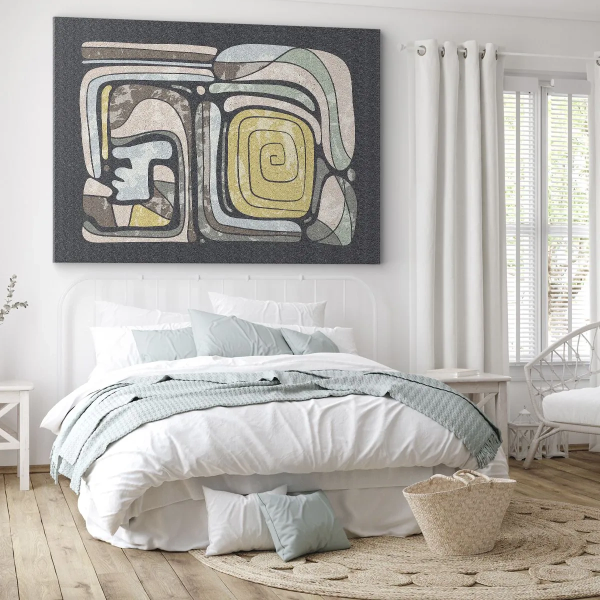 Impression sur toile - Image sur toile - Motifs précolombiens aux couleurs pastel sur fond sombre - 120x80cm - L'abstraction dans l'esprit précolombien - Décoration murale moderne pour le salon et la chambre ARTTOR