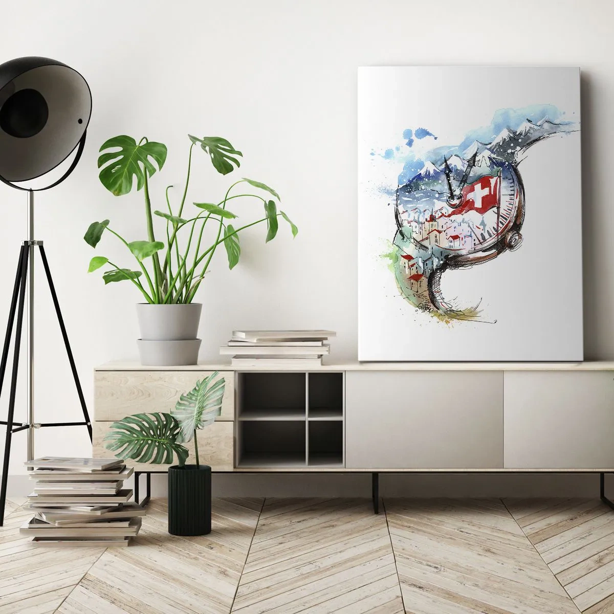 Impression sur toile - Image sur toile - Un paysage aquarelle de la Suisse dans un design d'horlogerie - 80x120cm - L'esprit de la Suisse - Décoration murale moderne pour le salon et la chambre ARTTOR