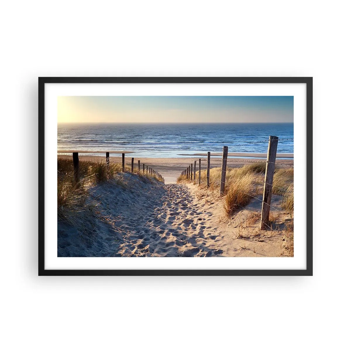 Affiche dans un cadre noir - Poster - Chemin à travers les dunes menant à la plage - 70x50cm - Le bruit de la mer, le chant des oiseaux, une plage sauvage parmi les herbes… - Décoration murale moderne pour le salon et la chambre ARTTOR