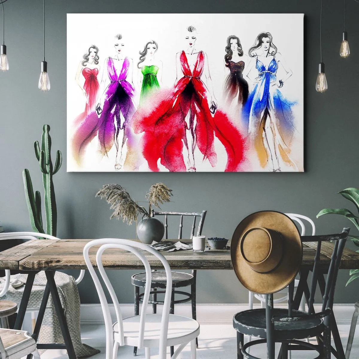 Impression sur toile - Image sur toile - Illustration de mode avec des modèles en robes colorées - 100x70cm - Ambiances pour les déguisements - Décoration murale moderne pour le salon et la chambre ARTTOR