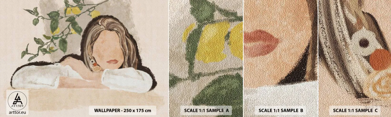 Échantillon De Papier Peint Standard Eco - La beauté du sud - Femme, Citrons, Minimalisme - 100x30 cm