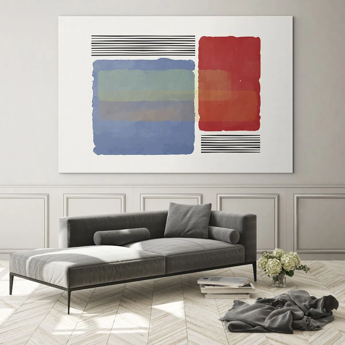 Impression sur verre - Image sur verre - Composition géométrique avec des rectangles rouges et bleus - 70x50cm - Esprit et lettre de la géométrie - Décoration murale moderne pour le salon et la chambre ARTTOR