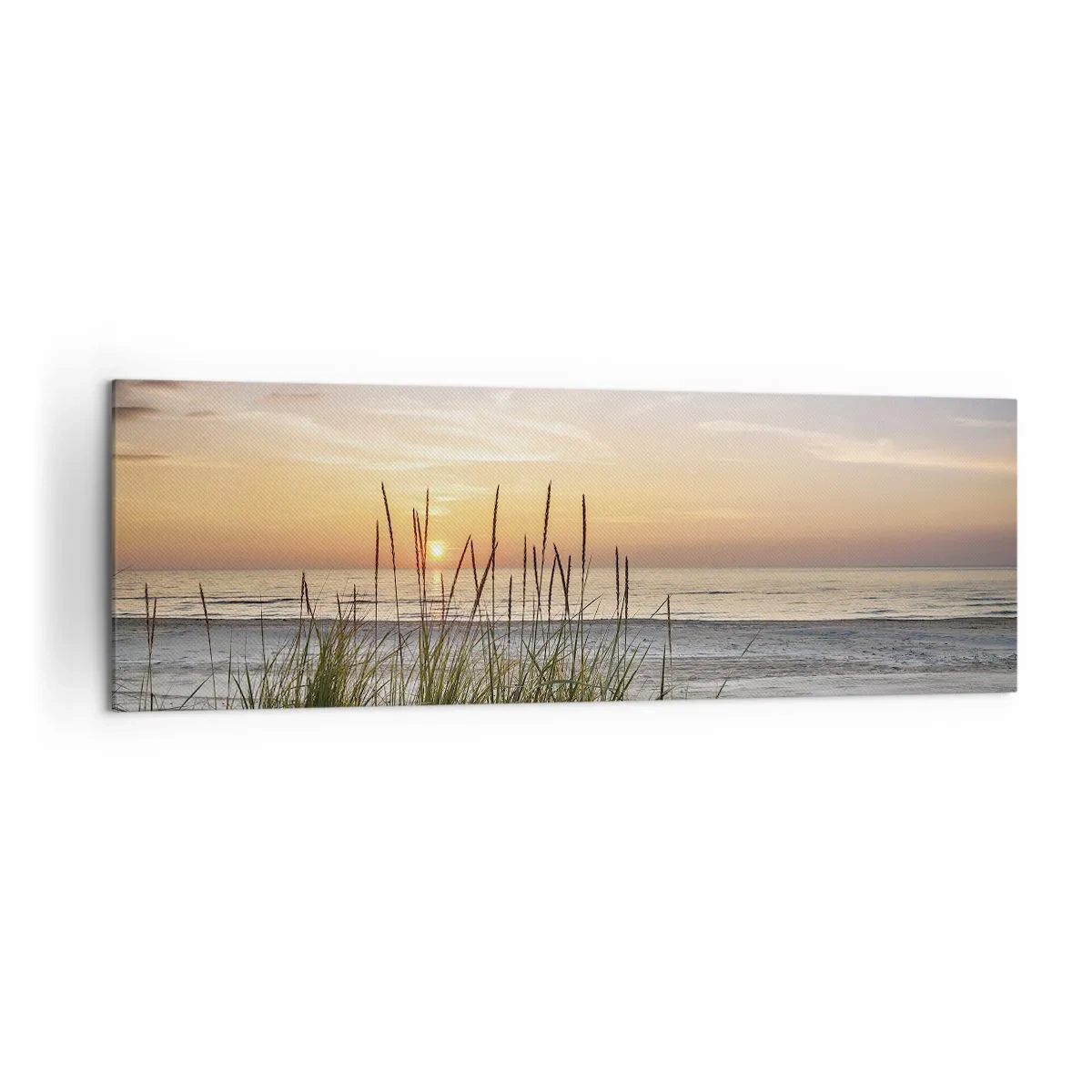 Impression sur toile - Image sur toile - Une plage de sable au coucher du soleil avec de l'herbe en arrière-plan - 160x50cm - Regarde, pense, ressent - Décoration murale moderne pour le salon et la chambre ARTTOR