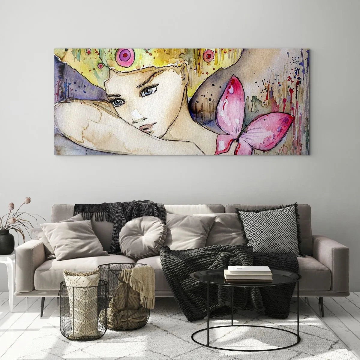 Impression sur verre - Image sur verre - Une femme avec une coiffure abstraite et un papillon rose - 120x50cm - La princesse papillon - Décoration murale moderne pour le salon et la chambre ARTTOR
