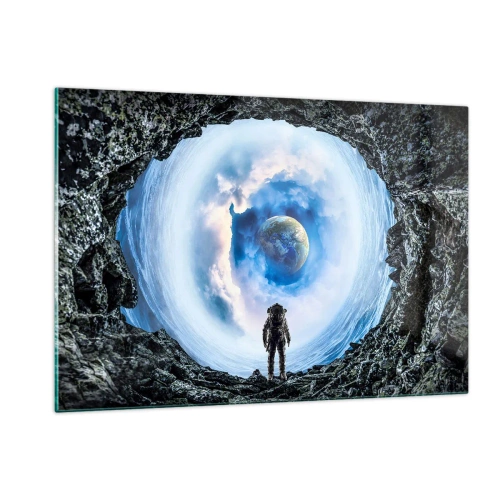 Impression sur verre - Image sur verre - Un astronaute regardant la Terre depuis l'intérieur d'une grotte rocheuse. - 120x80cm - Plus très loin de la maison - Décoration murale moderne pour le salon et la chambre ARTTOR