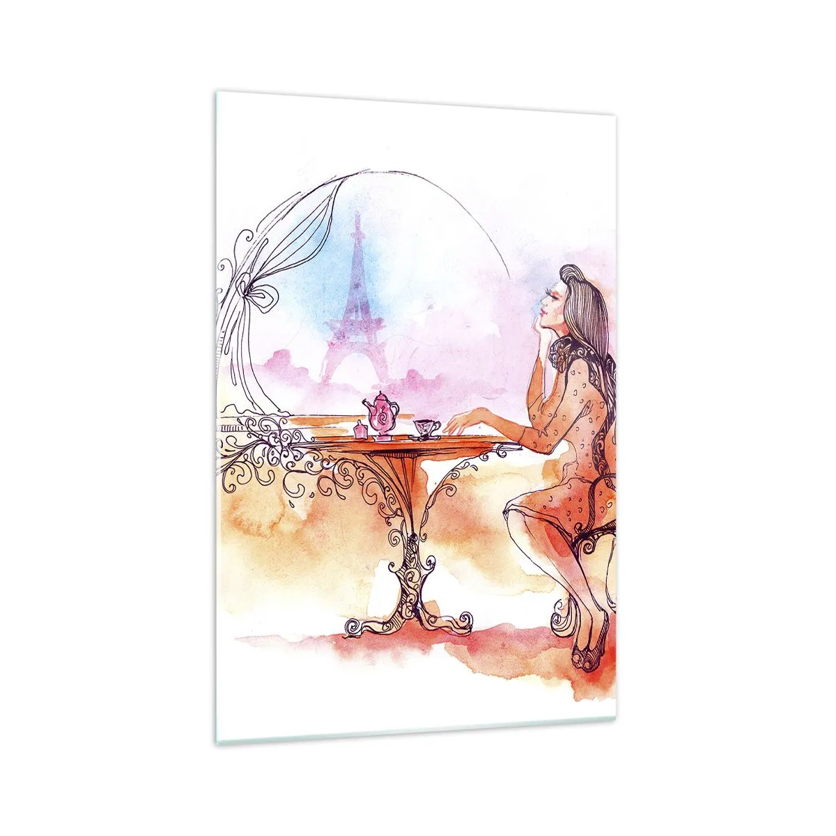 Impression sur verre - Image sur verre - Aquarelle romantique d'une femme dans un café surplombant une tour - 70x100cm - Le chic parisien - Décoration murale moderne pour le salon et la chambre ARTTOR