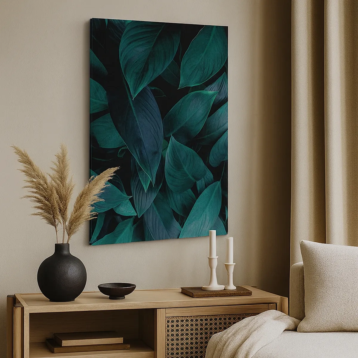 Impression sur toile - Image sur toile - Gros plan de feuilles vertes sur fond sombre - 50x70cm - le vert lui-même - Décoration murale moderne pour le salon et la chambre ARTTOR
