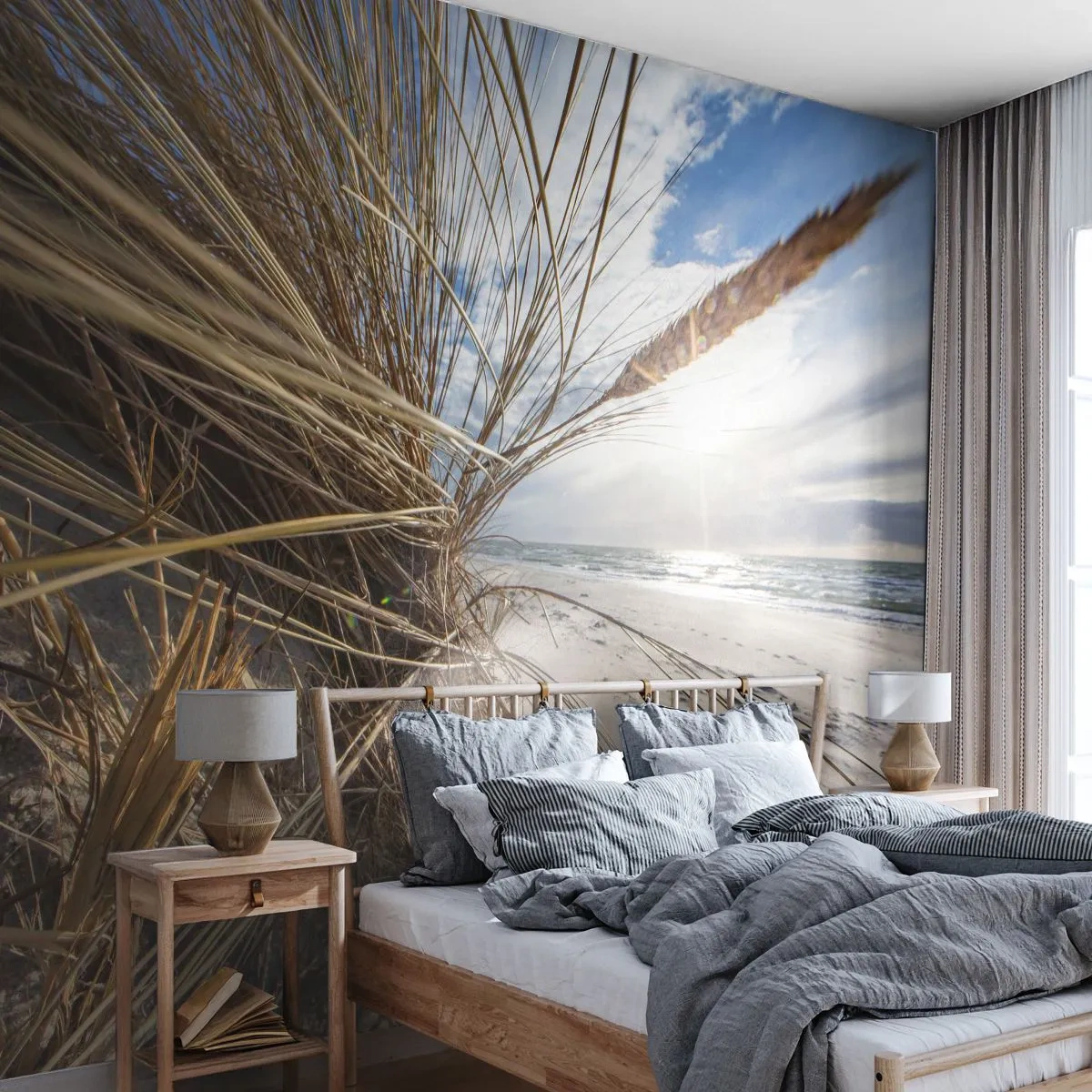 Papier Peint Photo Premium Sand - Dunes avec herbe et mer au coucher du soleil - 100x70cm - Rencontre des éléments - Décoration murale moderne pour le salon et la chambre ARTTOR