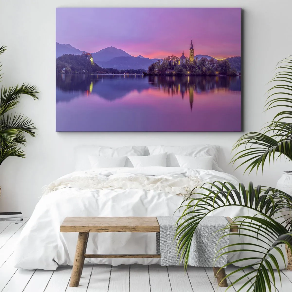 Impression sur toile - Image sur toile - Lac avec une île et une église au coucher du soleil - 70x50cm - Une île de conte de fées au crépuscule - Décoration murale moderne pour le salon et la chambre ARTTOR