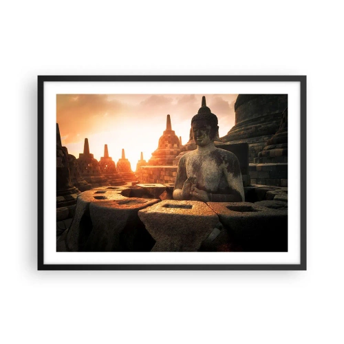 Affiche dans un cadre noir - Poster - Statue de Bouddha au temple de Borobudur au coucher du soleil - 70x50cm - Temps de grande sagesse - Décoration murale moderne pour le salon et la chambre ARTTOR