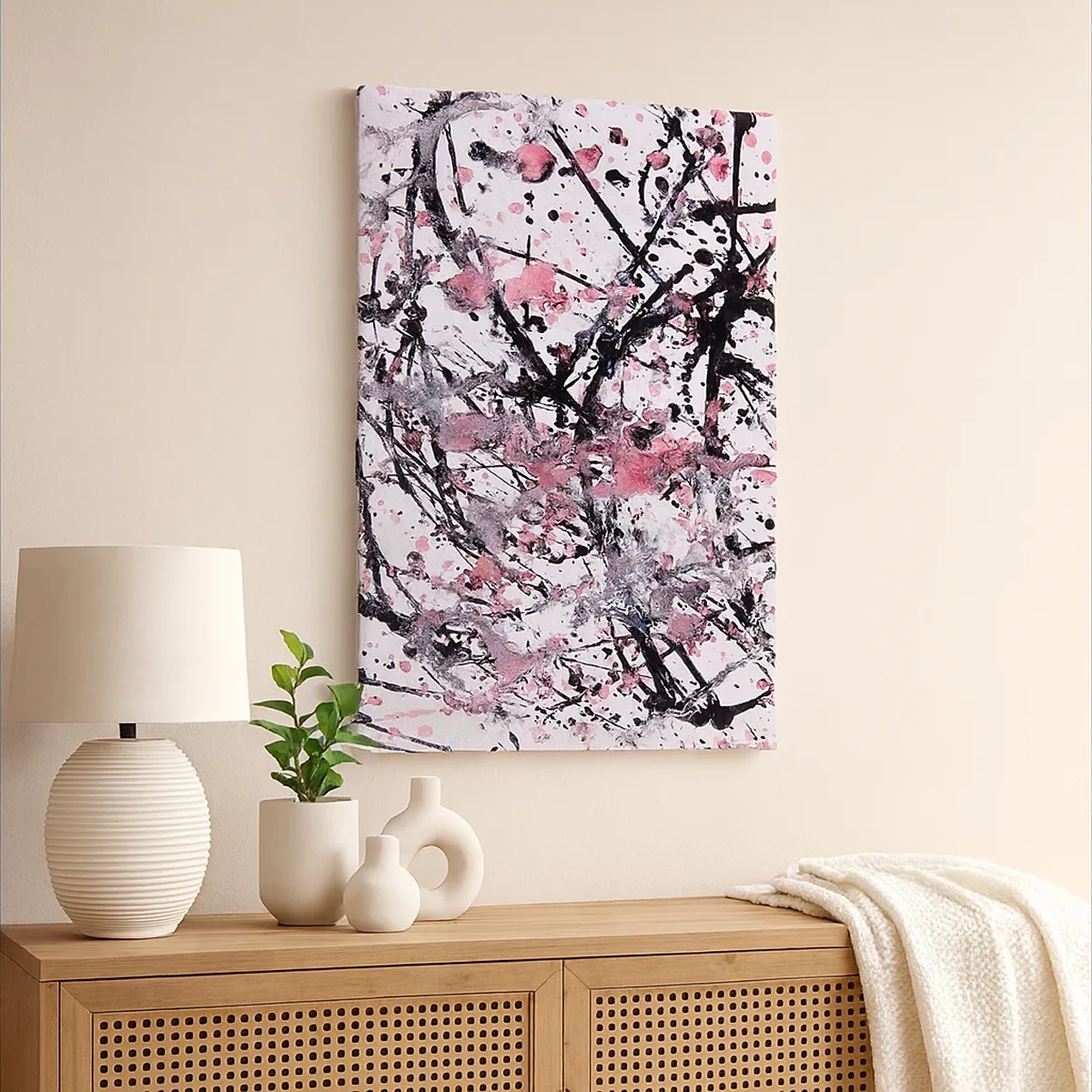 Impression sur toile - Image sur toile - Motif abstrait dans les tons de rose, noir et blanc - 50x70cm - La nature éphémère de la vie - Décoration murale moderne pour le salon et la chambre ARTTOR