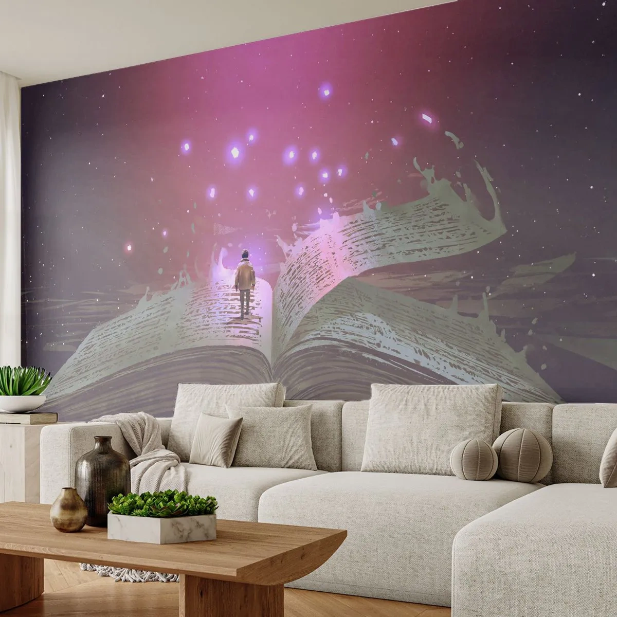 Papier Peint Photo Premium Sand - Une illustration magique d'un homme marchant sur un livre ouvert - 100x70cm - Invitation à un autre monde - lisez ! - Décoration murale moderne pour le salon et la chambre ARTTOR