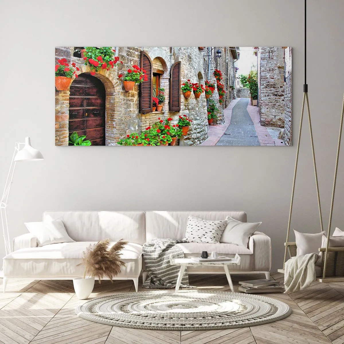 Impression sur verre - Image sur verre - Une rue étroite avec des bâtiments en pierre décorés de pots de fleurs - 120x50cm - Ambiance italienne - Décoration murale moderne pour le salon et la chambre ARTTOR