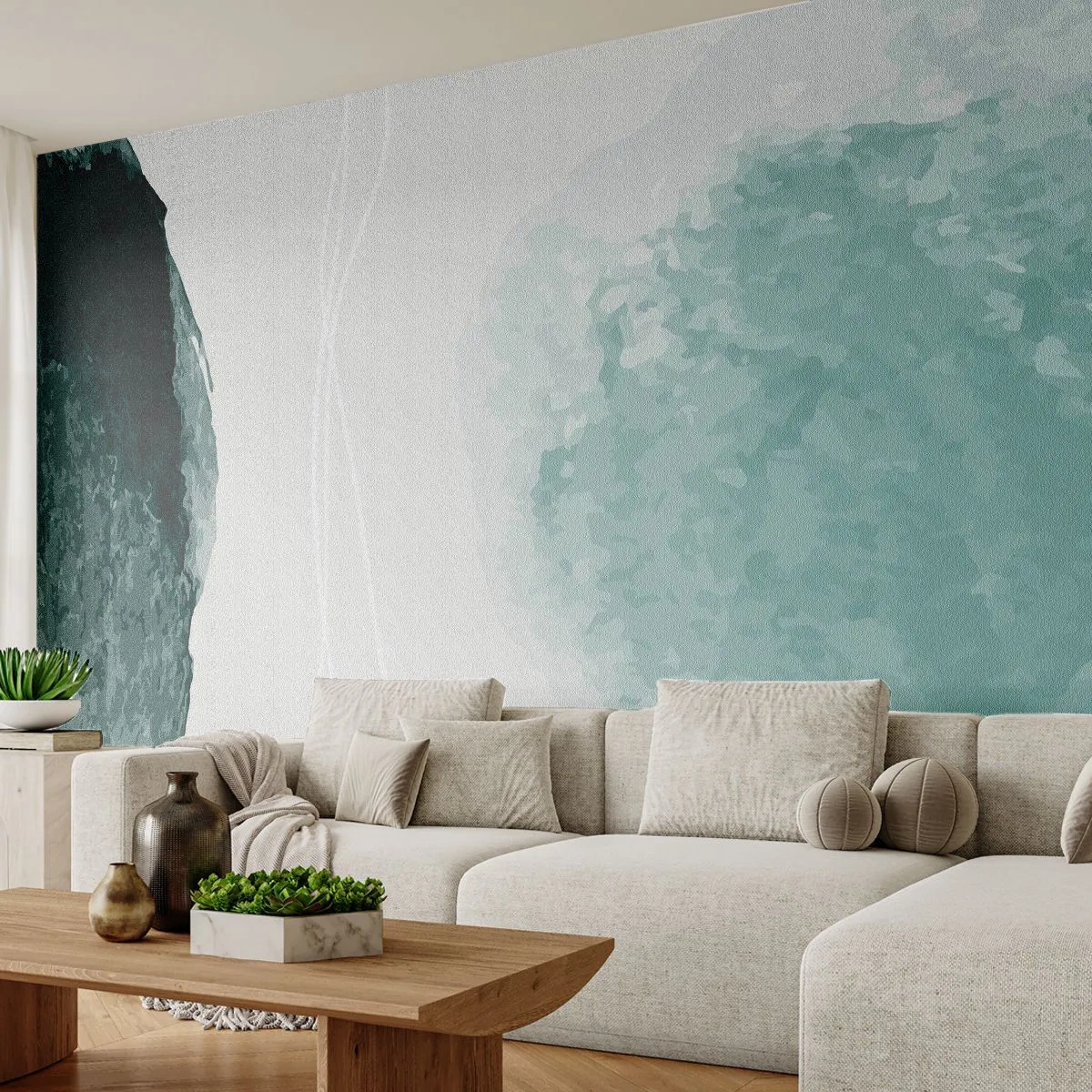 Papier Peint Photo Premium Sand - Formes organiques vertes et grises sur fond clair - 100x70cm - Rencontre avec le brouillard - Décoration murale moderne pour le salon et la chambre ARTTOR