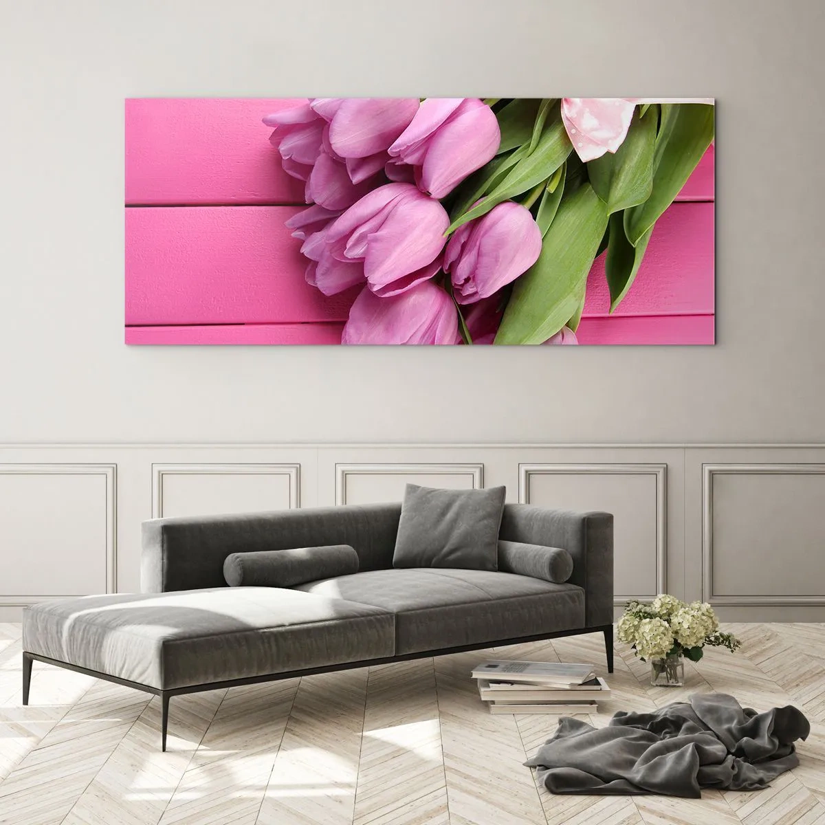 Impression sur verre - Image sur verre - Un bouquet de tulipes roses avec un nœud sur un fond rose - 140x50cm - Juste pour toi - Décoration murale moderne pour le salon et la chambre ARTTOR