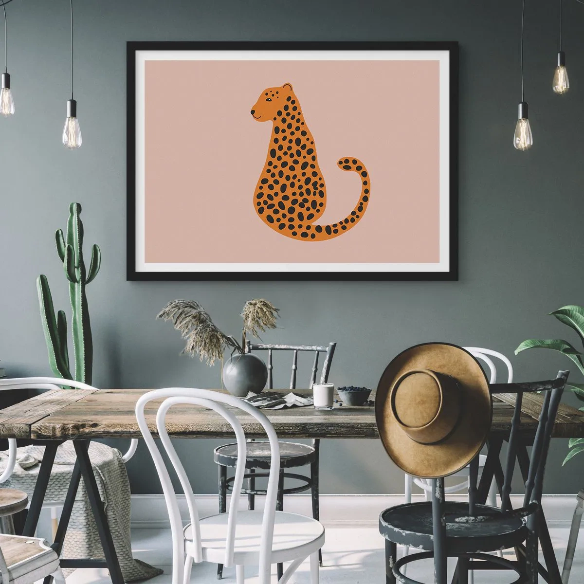 Affiche dans un cadre noir - Poster - Un dessin minimaliste d'une panthère sur fond beige - 70x50cm - La panthère est un motif à la mode - Décoration murale moderne pour le salon et la chambre ARTTOR
