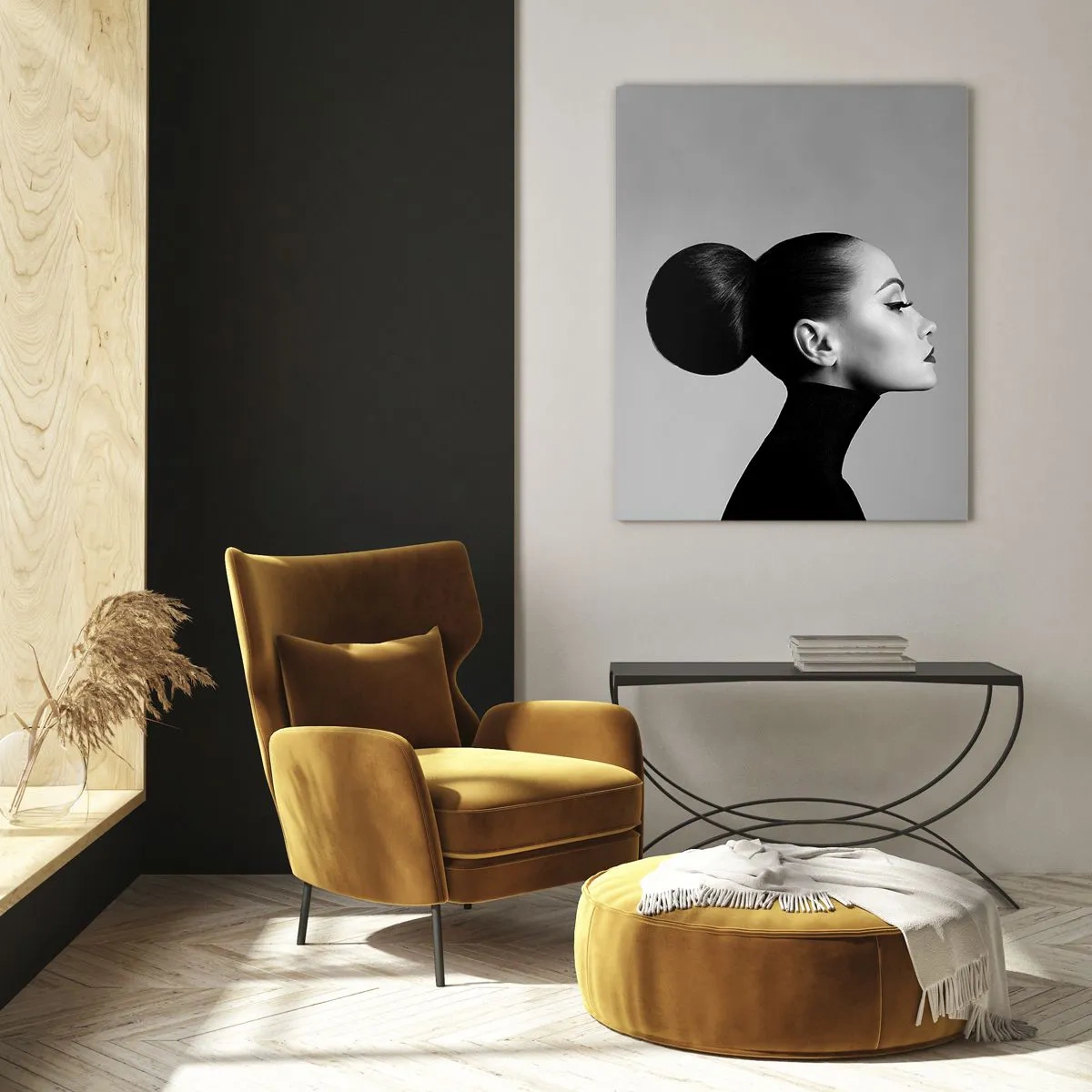 Impression sur verre - Image sur verre - Profil d'une femme en noir et blanc avec un chignon élégant - 80x120cm - Néfertiti moderne - Décoration murale moderne pour le salon et la chambre ARTTOR