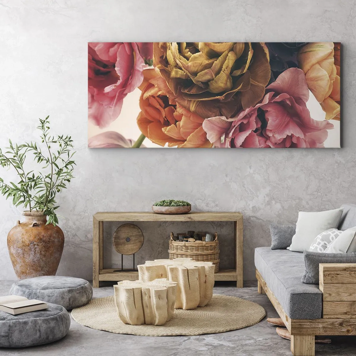 Impression sur toile - Image sur toile - Un bouquet de fleurs variées aux couleurs intenses - 120x50cm - La fête de la vie - Décoration murale moderne pour le salon et la chambre ARTTOR