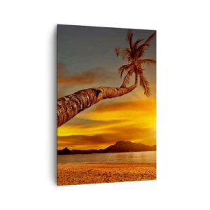 Impression sur toile - Image sur toile - Palmier sur la plage au coucher du soleil avec vue sur la mer - 70x100cm - Vacances exotiques, aventure caribéenne - Décoration murale moderne pour le salon et la chambre ARTTOR