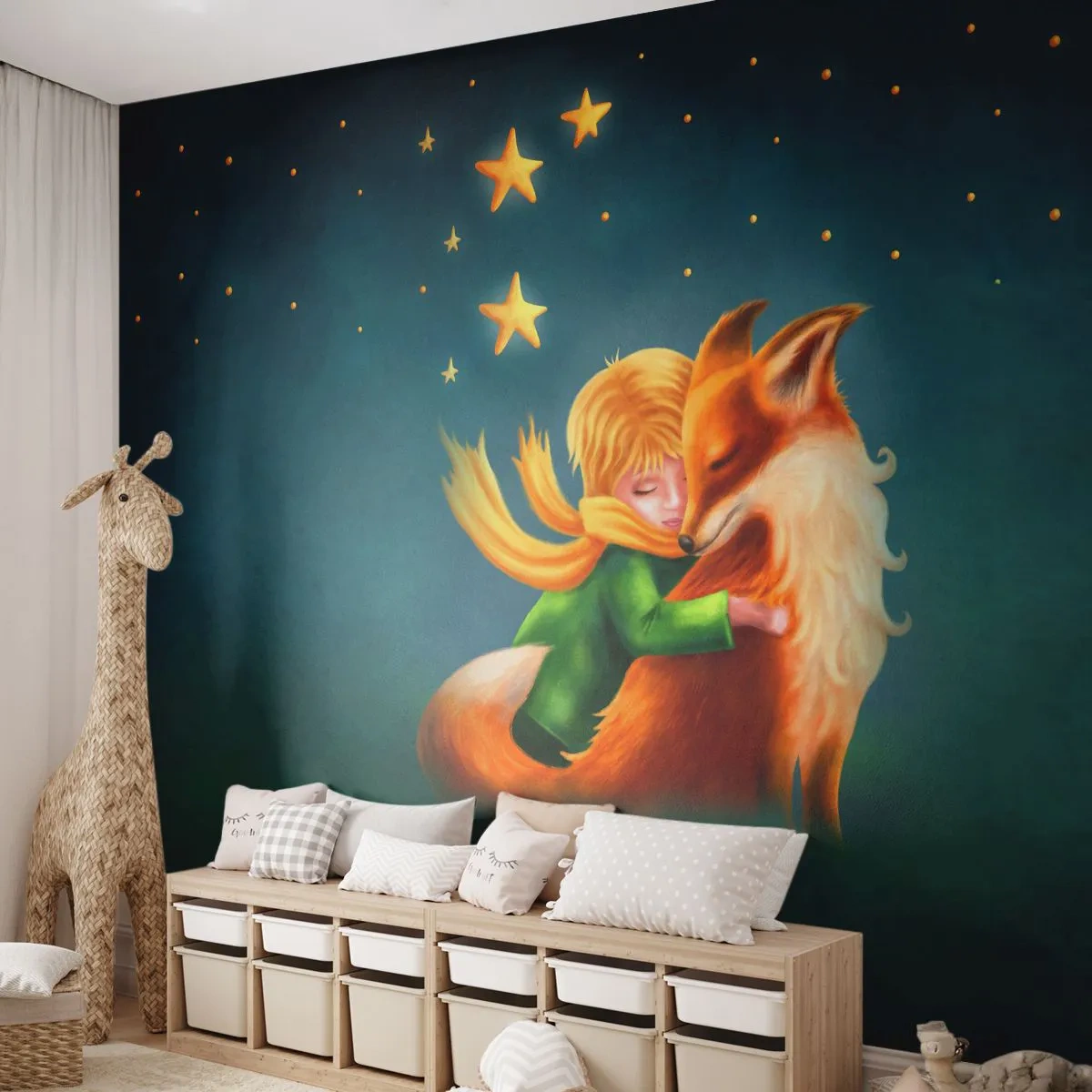 Papier Peint Photo Premium Sand - Un garçon avec un renard sur fond de ciel nocturne et d'étoiles - 100x70cm - Petit Prince - Décoration murale moderne pour le salon et la chambre ARTTOR
