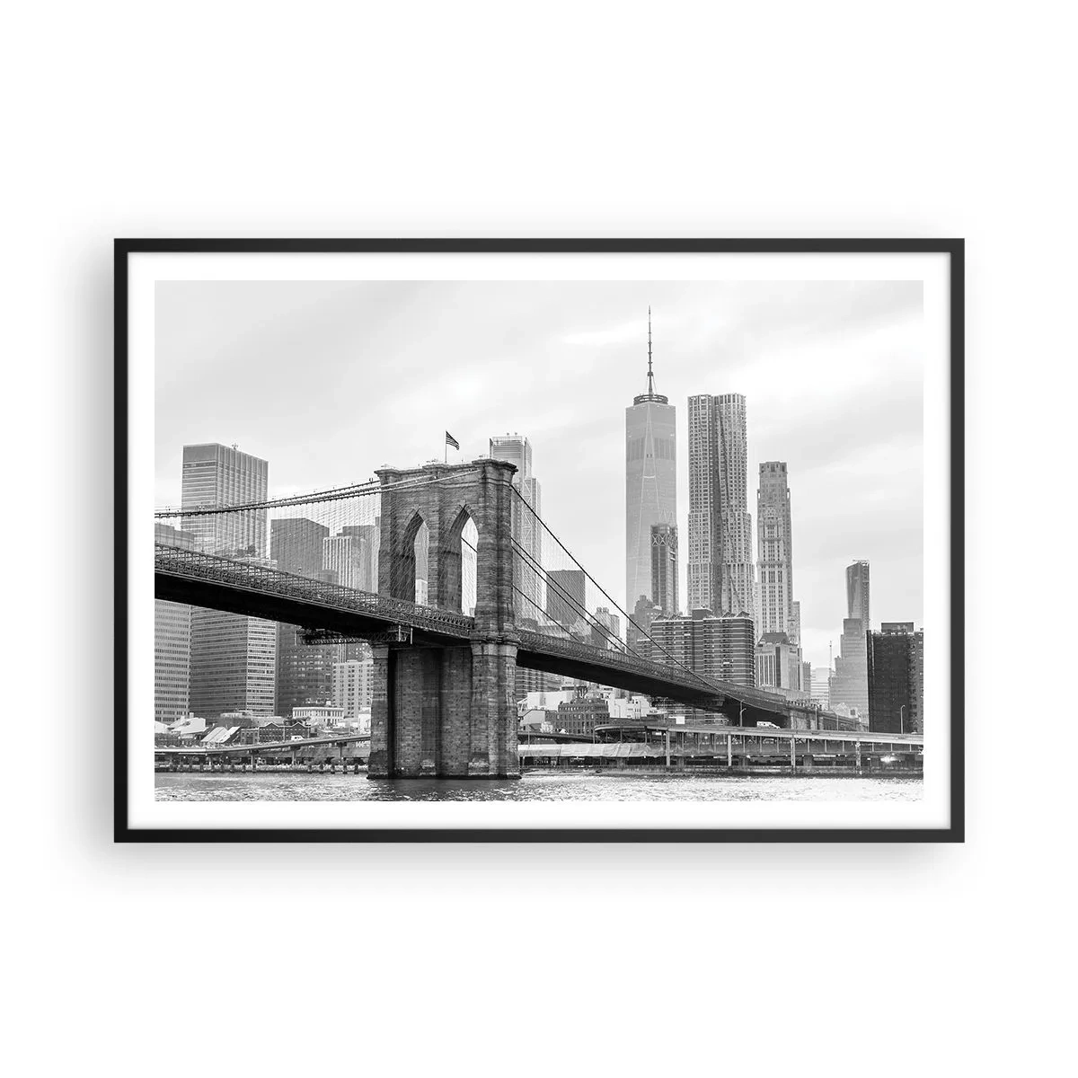 Affiche dans un cadre noir - Poster - Pont de Brooklyn avec les gratte-ciel de New York en arrière-plan - 100x70cm - Climat New-Yorkais - Décoration murale moderne pour le salon et la chambre ARTTOR