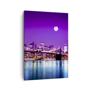 Impression sur toile - Image sur toile - Pont de Brooklyn la nuit avec la ville illuminée et la pleine lune - 50x70cm - Lumières de grande ville en violet - Décoration murale moderne pour le salon et la chambre ARTTOR