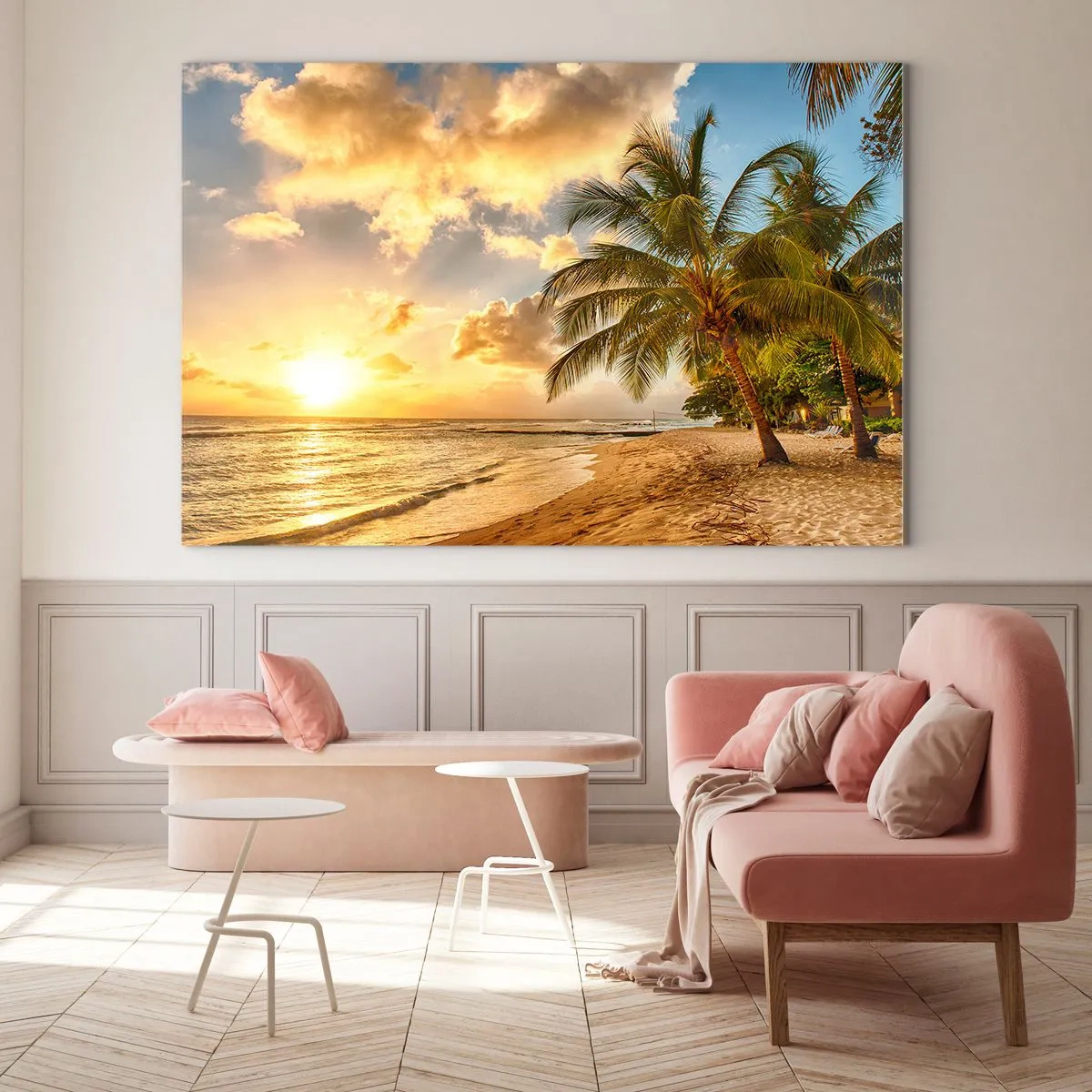 Impression sur verre - Image sur verre - Palm Beach au coucher du soleil avec des couleurs chaudes du ciel - 100x70cm - Été éternel, toujours des vacances - Décoration murale moderne pour le salon et la chambre ARTTOR