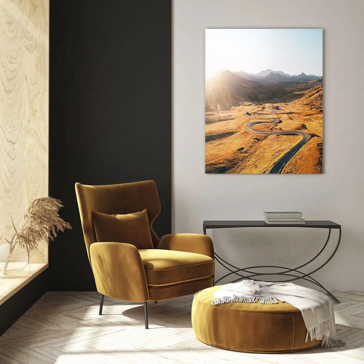 Impression sur verre - Image sur verre - Une route sinueuse dans une vallée dorée éclairée par le soleil - 50x70cm - Dans une vallée dorée - Décoration murale moderne pour le salon et la chambre ARTTOR