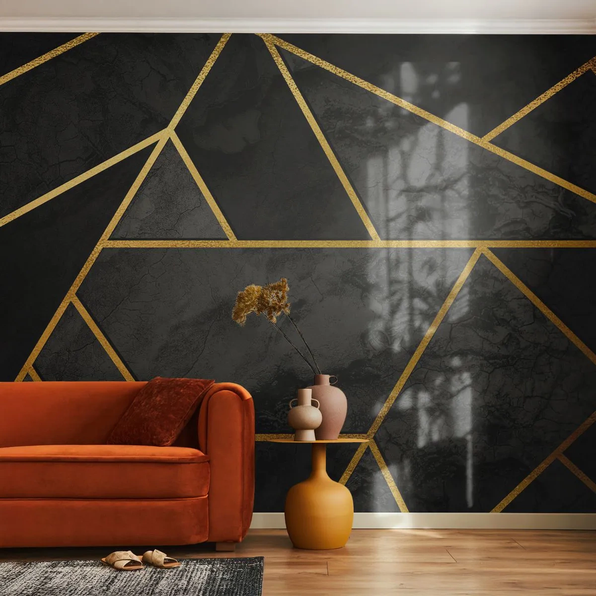 Papier Peint Photo Premium Canvas - Motif géométrique doré sur fond noir - 100x70cm - Obscurité et éclat - Décoration murale moderne pour le salon et la chambre ARTTOR