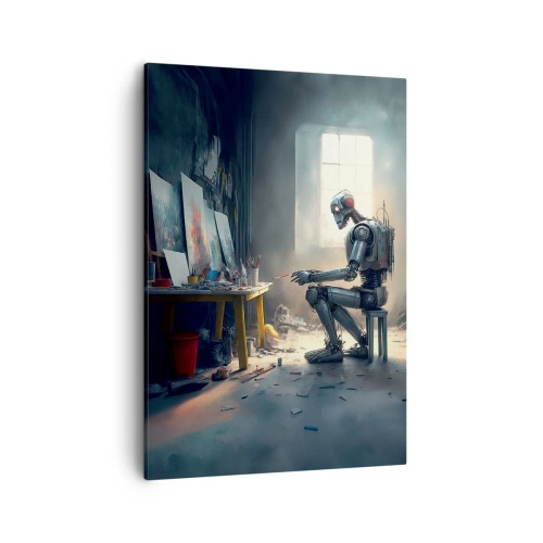 Impression sur toile - Image sur toile - Un robot peignant un tableau dans un atelier d'art - 50x70cm - L'acte de création - Décoration murale moderne pour le salon et la chambre ARTTOR
