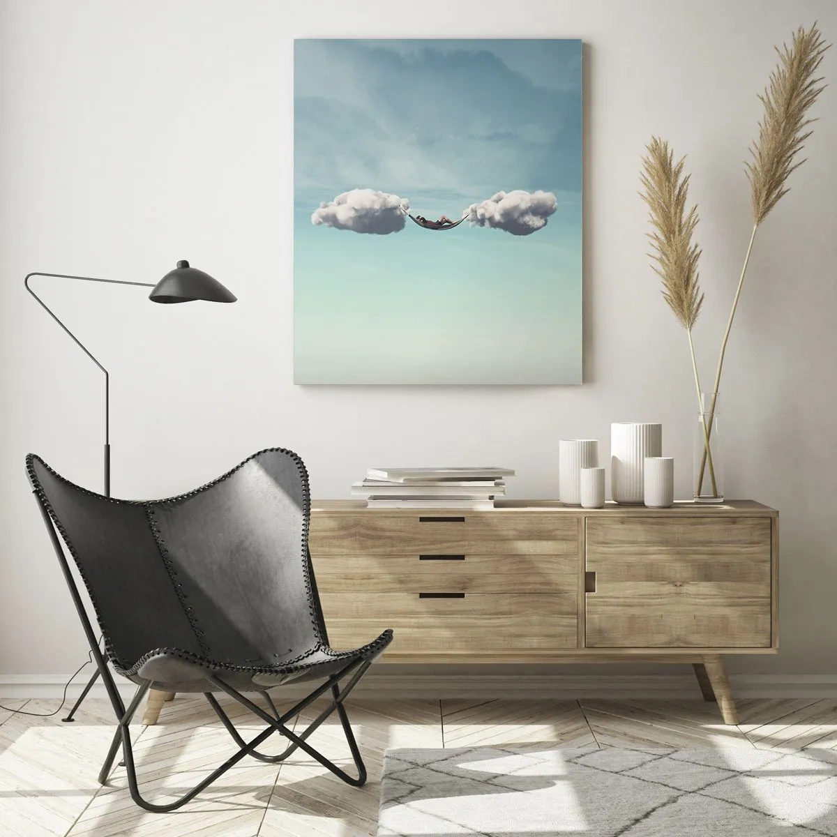 Impression sur verre - Image sur verre - Une personne se détendant dans un hamac suspendu dans les nuages - 70x100cm - Instant de bonheur - Décoration murale moderne pour le salon et la chambre ARTTOR