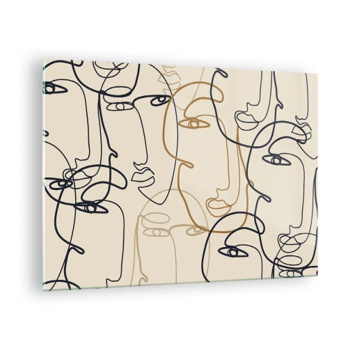 Impression sur verre - Image sur verre - Visages contournés dessinés d'un seul trait sur beige - 70x50cm - Portrait multiplié - Décoration murale moderne pour le salon et la chambre ARTTOR