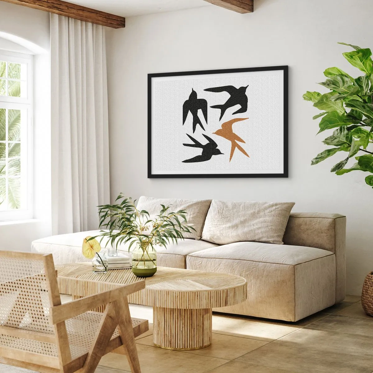 Affiche dans un cadre noir - Poster - Silhouettes d'hirondelles en noir et or - 70x50cm - Avaler du plaisir - Décoration murale moderne pour le salon et la chambre ARTTOR