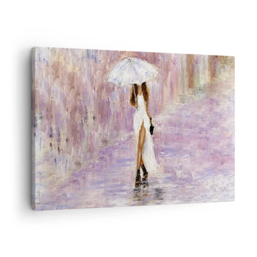 Impression sur toile - Image sur toile - Une femme avec un parapluie marchant sous la pluie dans des tons lilas - 70x50cm - Sous la pluie lilas - Décoration murale moderne pour le salon et la chambre ARTTOR