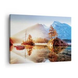 Impression sur toile - Image sur toile - Un lac avec des îles et des montagnes en arrière-plan au lever du soleil - 70x50cm - La nature sous un nouveau jour - Décoration murale moderne pour le salon et la chambre ARTTOR