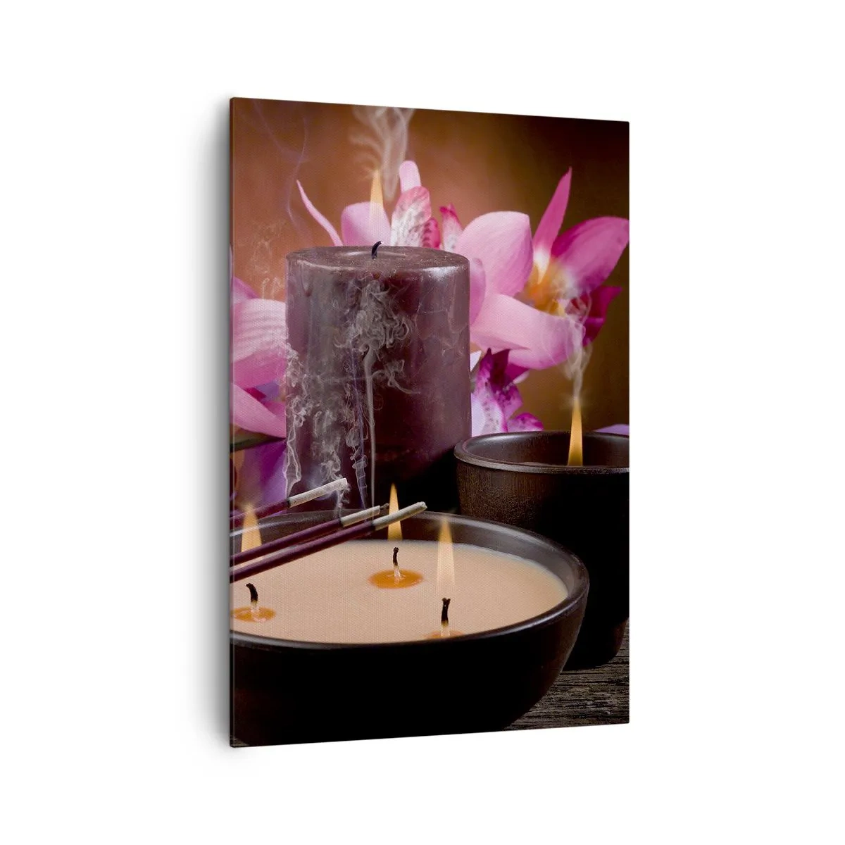 Impression sur toile - Image sur toile - Figurine de Bouddha avec bougies allumées et bâtons d'encens - 70x100cm - Vider l'esprit, calmer le corps - Décoration murale moderne pour le salon et la chambre ARTTOR